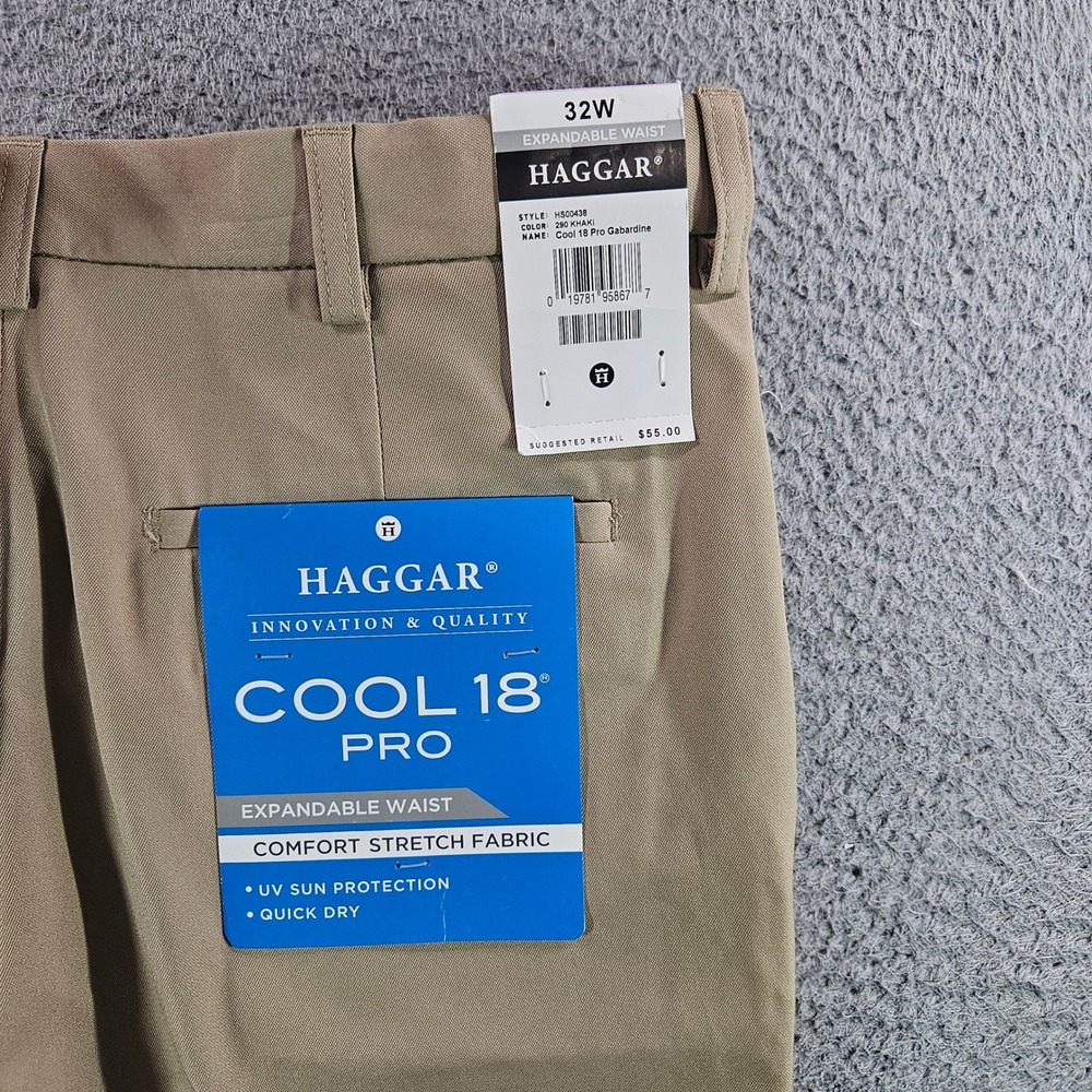 Haggar‎ Cool 18 Pro Mens Khaki Shorts 32 Expandable Waist Stretch Gabardine